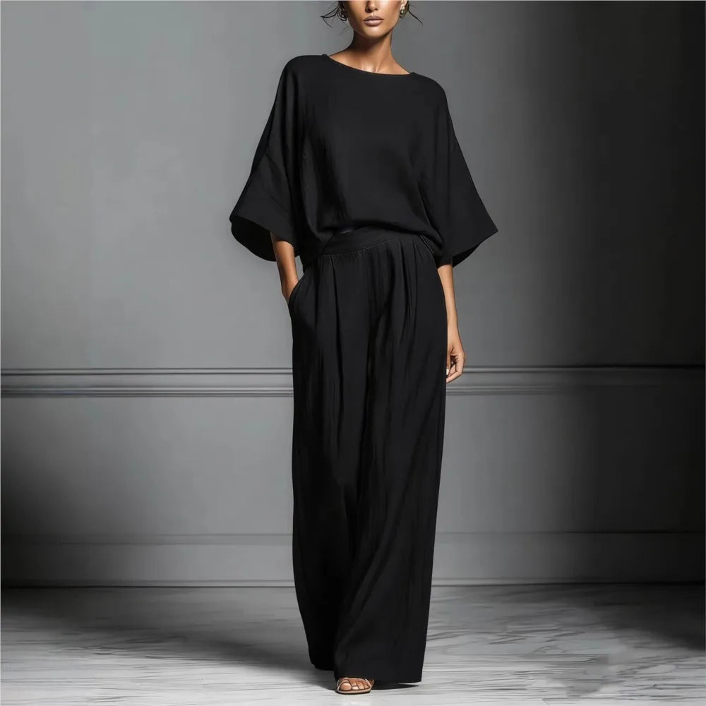 Luxury Linen 2-Piece Set – Elegant Wide-Leg Trousers & Soft Top